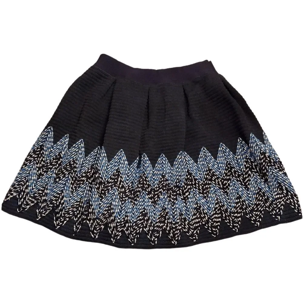 See U Soon, Flare Midi Knit Skirt, Size 6, Black w/ Blue & Silver Embroidery